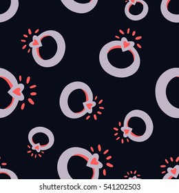 Cute seamless  vector pattern for Valentines day with jewel ring and shine heart diamond. Engagement romance endless background, texture, wallpaper. 