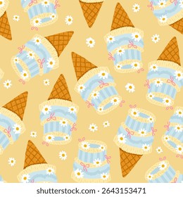 Cute seamless vector pattern with vintage mini bento cake ice cream cones decorated with chamomile flowers and flirty bows in pastel summer style. Hand-drawn crayon texture, perfect for packaging