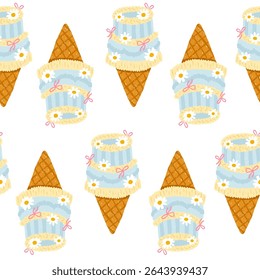 Motif d'Image vectorielle harmonieux mignon avec des cônes de crème glacée de mini-gâteau bento vintage décorés de fleurs de camomille et des arcs flirtants dans un style pastel d'été. Texture crayon dessinée à la main, parfaite pour l'emballage