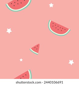 Nettes nahtloses Vektormuster mit Wassermelonenscheiben und Samen rosa Hintergrund