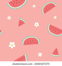 Cute seamless vector pattern with watermelon slices and seeds pink background