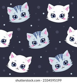 Cute seamless vector pattern. White and Gray kitten muzzles in cartoon style. Super cute pattern for children's products 