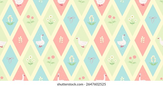 Cute seamless vector pattern with white geese, spring and summer flowers, and pastel diamond-shaped bows. Ideal for baby products, textiles, wallpaper, gift wrapping and nursery decor.