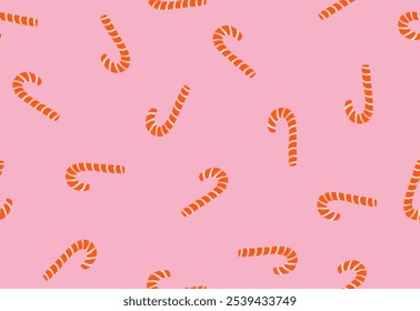 Cute Seamless Vector Pattern with White-Red Santa's Candy Canes on a Light Pink Background. Repeatable Print with Christmas Tree Sweet Decorations. Irregular Pattern Made of Santa's Candy Canes. RGB.