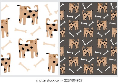 Cute Seamless Vector Patterns with Brown Dog with Black Spots. Funny Puppies and Bones isolated on a White and Brown Background. Hand Drawn Infantile Style Pet Print ideal for Fabric, Wrapping Paper.