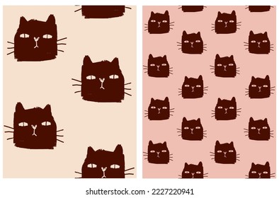 Cute Seamless Vector Patterns with Cats. Funny Brown Kitty Heads isolated on a Pastel Pink and Beige Background. Hand Drawn Infantile Style Kittens Print ideal for Fabric, Wrapping Paper.