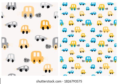 Cute Seamless Vector Patterns with Childish Style Blue, Yellow and Gray Cars Isolated on an Off-White Background. Funny Cars Print. Simple  Nursery Design ideal for Fabric, Textile, Wrapping Paper.
