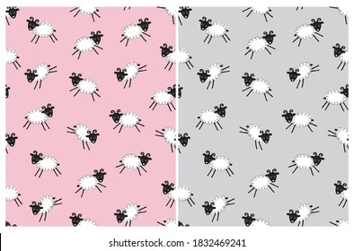 Cute Seamless Vector Patterns with Hand Drawn Sheeps Isolated on a Pastel Pink and Light Gray Background. Funny Abstract Flock of Sheep Print. Lovely Repeatable Design with Black Jumping Ewes.