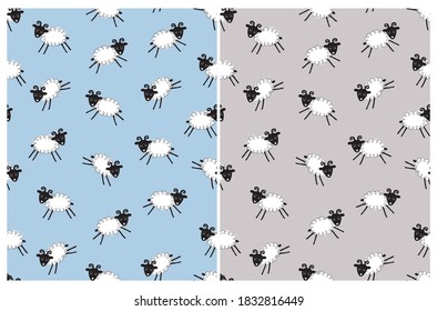 Cute Seamless Vector Patterns with Hand Drawn Sheeps Isolated on a Beige and Light Blue Background. Funny Abstract Flock of Sheep Print. Lovely Repeatable Design with Black Jumping Ewes.