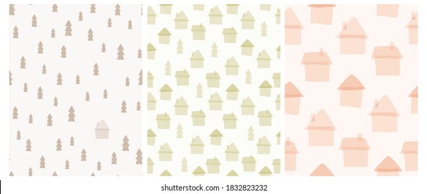 Cute Seamless Vector Patterns with Hand Drawn Houses and Trees Isolated on a Light Pink, Green and Beige Backgrounds. Funny Abstract Little Town Print. City Streets Repeatable Line Art.