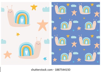 Cute Seamless Vector Patterns with Hand Drawn Snails and Stars. Repeatable Print with Funny Slugs and Rainbow Isolated on a Blue and Light Beige Background. Simple Infantile Style Nursery Fabric.