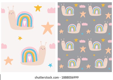 Cute Seamless Vector Patterns with Hand Drawn Snails and Stars. Repeatable Print with Funny Slugs and Rainbow Isolated on a Gray and Light Beige Background. Simple Infantile Style Nursery Fabric.