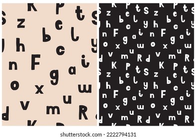 Cute Seamless Vector Patterns with Handwritten Alphabet. White and Black Childish Style Letters Isolated on a Light Brown and Black Background. Alphabet Repeatable Print ideal for Fabric, Textile.