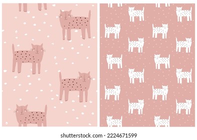 Cute Seamless Vector Patterns with Leopard. Funny Wild Cat  isolated on a Pastel Pink Background. Hand Drawn Infantile Style Safari Animal Print  ideal for Fabric, Wrapping Paper.