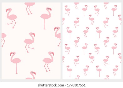 Cute Seamless Vector Patterns with Pink Flamingos Isolated on a White and Light Cream Backgrounds. Tropical Birds Vector Prints.