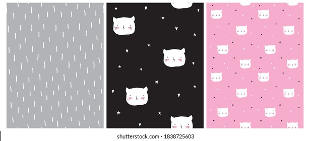 Cute Seamless Vector Patterns Set with Hand Drawn Cat Isolated on a Pink and Black Background. Funny Infantile Style Geometric Repeatable Design. White Kitty Print ideal for Fabric, Textile.