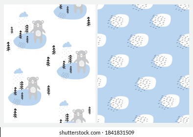Cute Seamless Vector Patterns Set with Hand Drawn Gray Bear Isolated on a White Background. Funny Infantile Style Winter Rabbit Print. Simple Geometric Repeatable Design with Dots and Spots on a Blue.