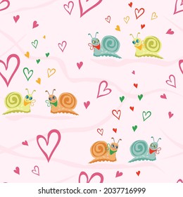 Cute seamless vector patterns with snails and hearts. Repeatable print with funny love slugs on light pink background suitable for valentine's day, covers, prints, banners and textiles