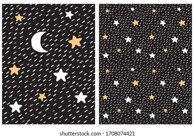 Cute Seamless Vector Patterns with Stars and Moon. Starry Night Print. White and Yellow Stars Isolated on a Black Background. Abstract Night Sky Backdrop. Grunge Repeatable Space Design.  