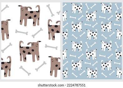 Cute Seamless Vector Patterns with Sweet Dog with Black Spots. Funny Puppies and Bones isolated on a White and Blue Background. Hand Drawn Infantile Style Pet Print ideal for Fabric, Wrapping Paper.