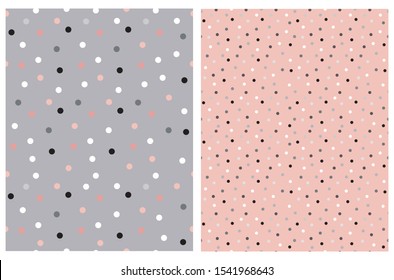 Cute Seamless Vector Patterns with Tiny Polka Dots. White, Gray, Pink and White Dots Isolated on a Gray Background. Black, Pink and White Dotted Print Ideal for Fabric, Textile, Wrapping Paper.