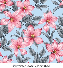 cute seamless vector pink stock flowers with grey leaf pattern on blue background