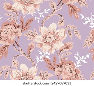 lindo vector sin fisuras rosa patrón de hojas de flores de stock sobre fondo violeta