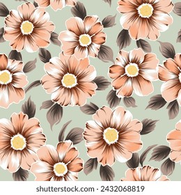 lindo vector sin fisuras rosa patrón de hojas de flores de stock sobre fondo verde