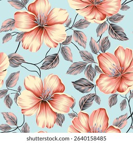 cute seamless vector pink stock flowers with brown leaves pattern on blue background