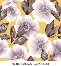 cute seamless vector pink stock flowers with brown leaf pattern on yellow background