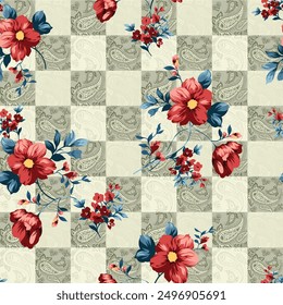 Lindo patrón de hojas de flores de stock rojo de Vector sin costuras sobre fondo verde de Paisley bandanna sin costuras