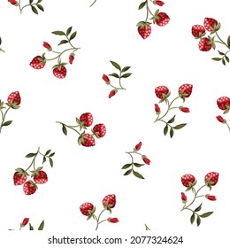 cute seamless vector red strawberry with green leaves pattern of white