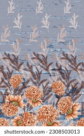 cute seamless vector stock flowers with leaves border body pattern on grey texture background