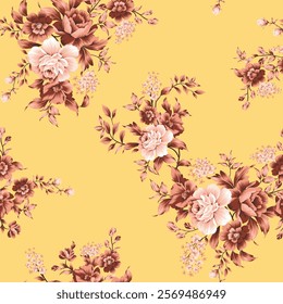 cute seamless vector stock flowers leaves bunches pattern on yellow background