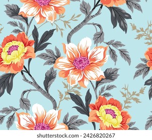 cute seamless vector stock orange flowers with grey leaf pattern on blue background