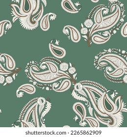 cute seamless vector stock paisley bunches pattern on green background