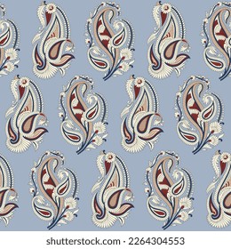 cute seamless vector stock red and cream paisley bunches pattern on blue background