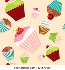 Cute seamless vector texture with cupcakes