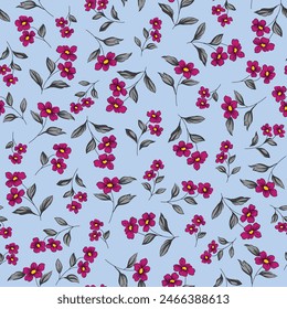 Nette nahtlose Vektorgrafik Violett Stock kleine Blüten mit grauem Blattmuster auf blauem Hintergrund