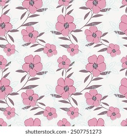 Lindo Vector sin fisuras violeta stock flores con patrón de hojas verdes de blanco