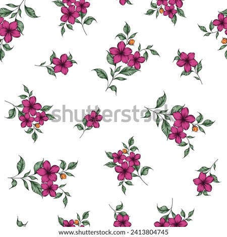 cute seamless vector violet stock flowers with green leaves pattern of white
