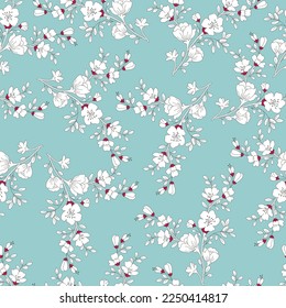 cute seamless vector white flowers leaves bunches pattern on green background
