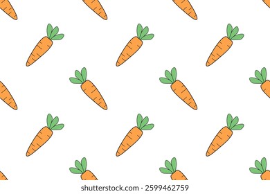Cute seamless vegetable-themed pattern. Orange carrots with green tops. Vegetable garden, farm. One element is repeated on  white background. For packaging, textiles, website.