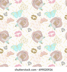 Cute seamless vintage pattern. Pastel roses and butterflies background. Simple, elegant wallpaper with hearts and diamonds.