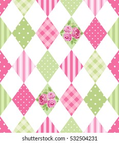 Cute seamless vintage pattern as patchwork in shabby chic style ideal for kitchen textile or bed linen fabric, curtains or interior wallpaper design, can be used for scrap booking paper etc