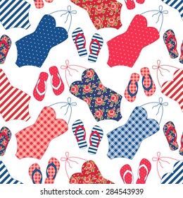 Cute seamless vintage pattern with swimsuits and flip-flops in shabby chic style