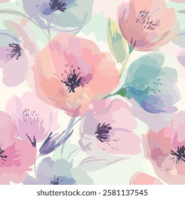 Cute seamless watercolor floral pattern with watercolor background. Flower vector illustration. Watercolor print in rustic vintage style, textile or wallpapers. Lovely and Beautiful Spring Flowers