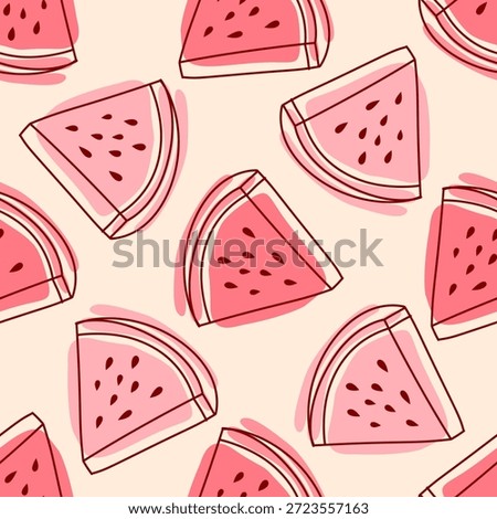 Cute seamless watermelon pattern with hand drawn fruit slices. Fresh summer background for kids design, packaging, fabric, wallpaper, and playful surface patterns.