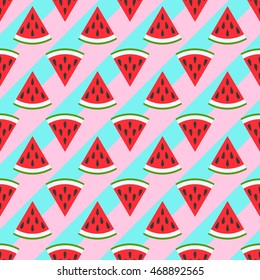 Cute seamless watermelon pattern on green background. Vector illustration for sweet summer fruit design. Slice fresh food ornament. Pretty repeat wallpaper. Bright tasty cartoon decoration