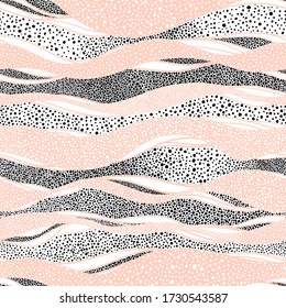 Cute seamless wavy pattern. Doodle style abstraction. Ornament polka dot. Pink, white and black colors. Vector illustration.